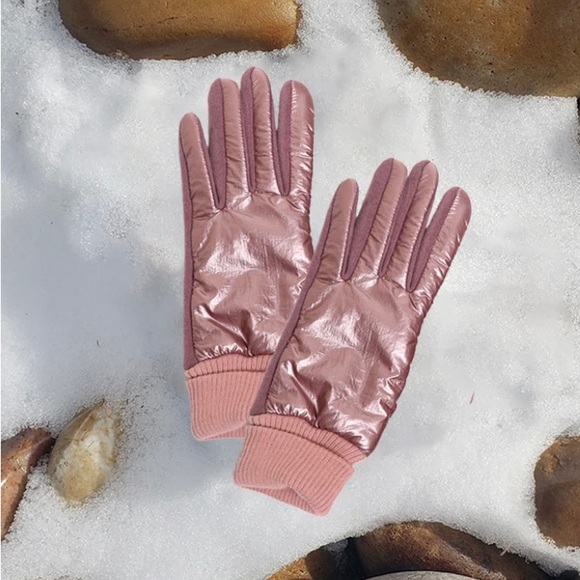 🩷LOVEisWARM PUFFER 🌸Iridescent Pinky Mauve Knit Cuff Gloves🩷 - Picture 6 of 12